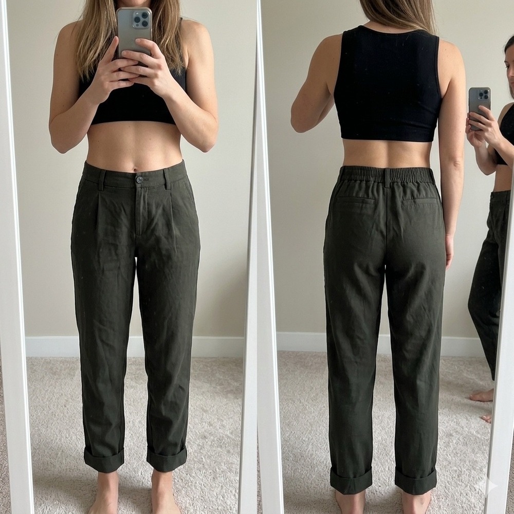 A New Day Pleated Ankle Pants Size 4 Olive Green Elastic Back Cuffed Rayon Blend